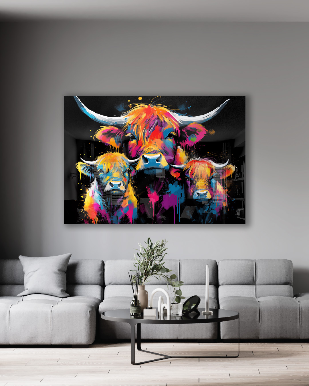 Fold of Highland Cows Noir Graffiti Wall Art Print